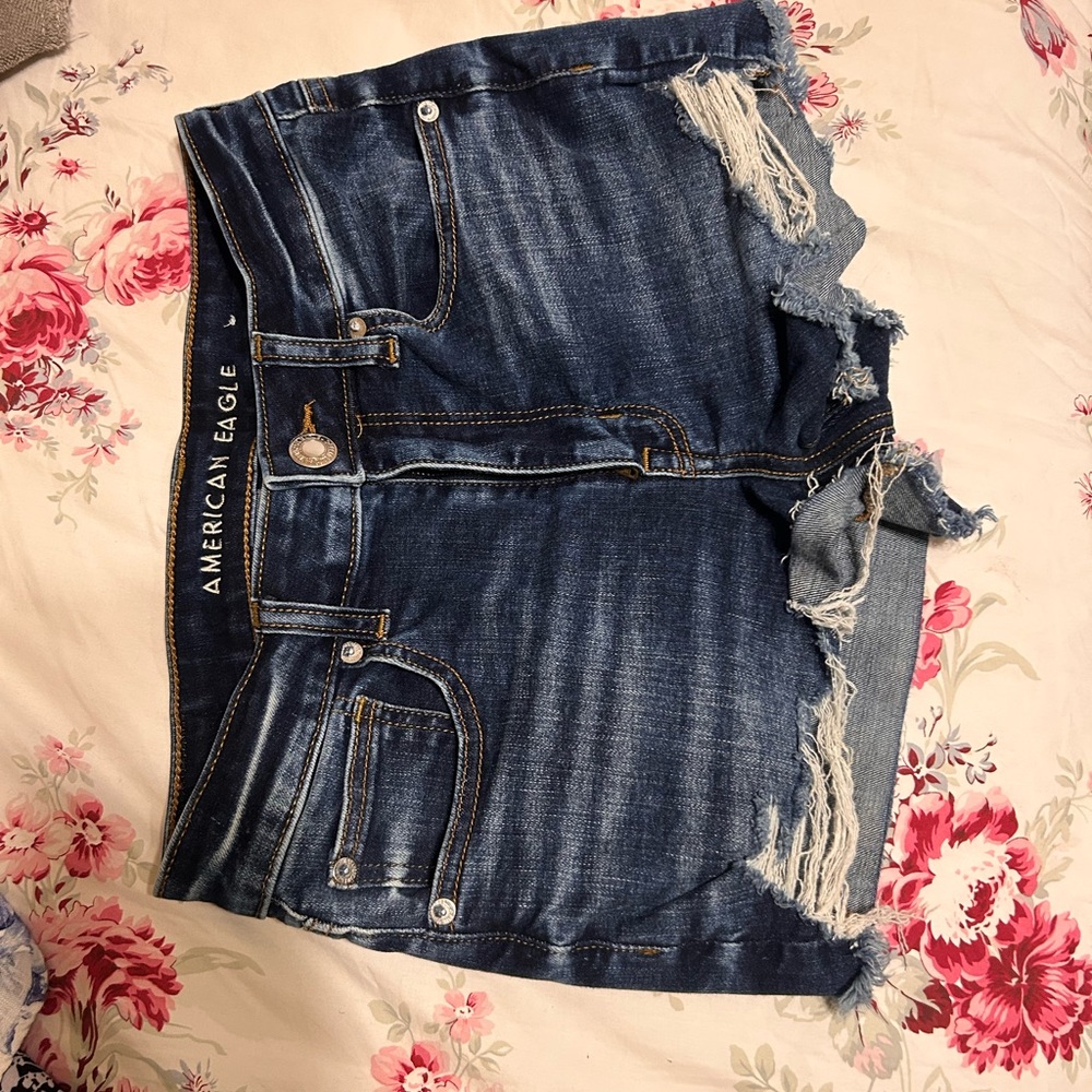 American Eagle Outfitters Dark Blue Distressed Jean Shorts